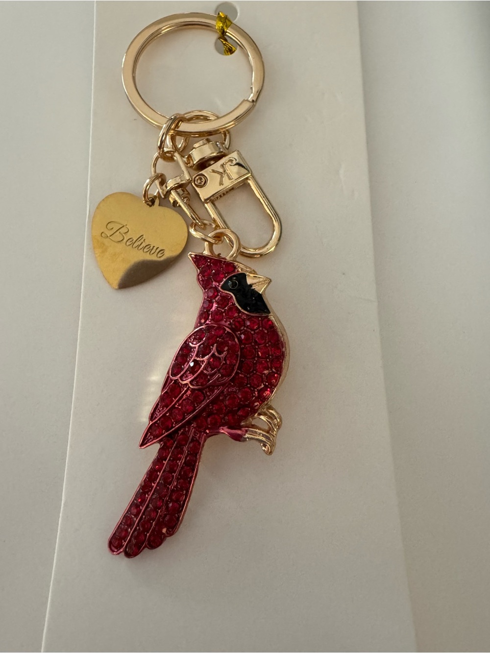 Gold-Tone Cardinal Bird Keychain with Red Crystal Accents - Believe Heart Charm